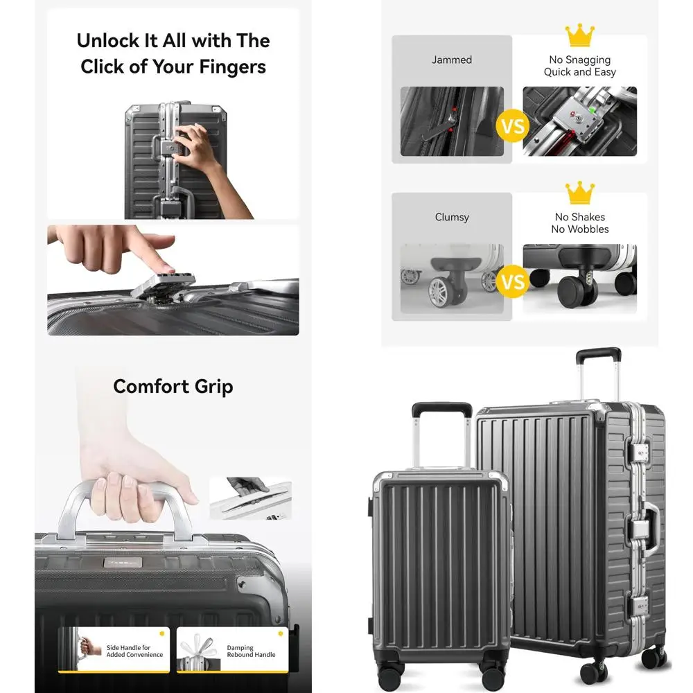 

Spinner Wheel Luggage Set, 8010S Aluminum Frame Zipperless Hard Shell Suitcases, 2-Piece Charcoal Metallic (20/28)