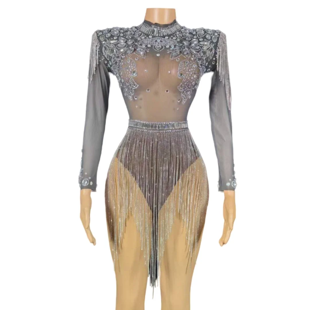 Sparkly Mesh Sheer Rhinestone Drill Fringe Women Bodysuits Luxury Gemstone Party Birthday Stage Performance Drag Queen Costume