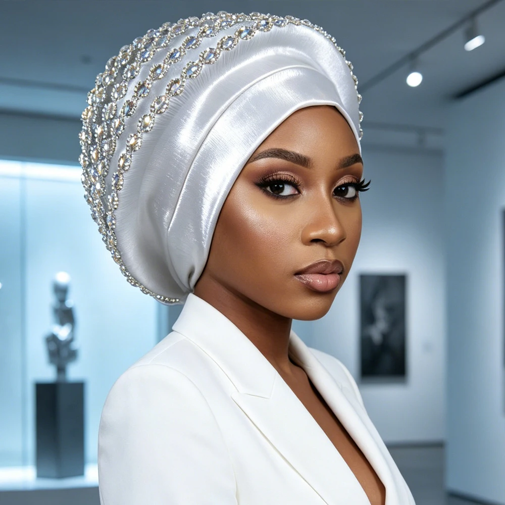 

Nigerian Wedding Geles Rhinestone Turban Cap for Women African Auto Gele Headties Bonnet Headscarf Muslim Hijab Head Wrap Beanie