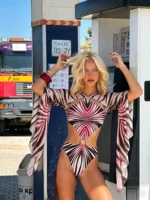 Long Sleeve One Piece Swimsuit Women Swimwear Bodysuit Monokini High Leg Swim Suit Cutout Bathing Suit Beachwear 4