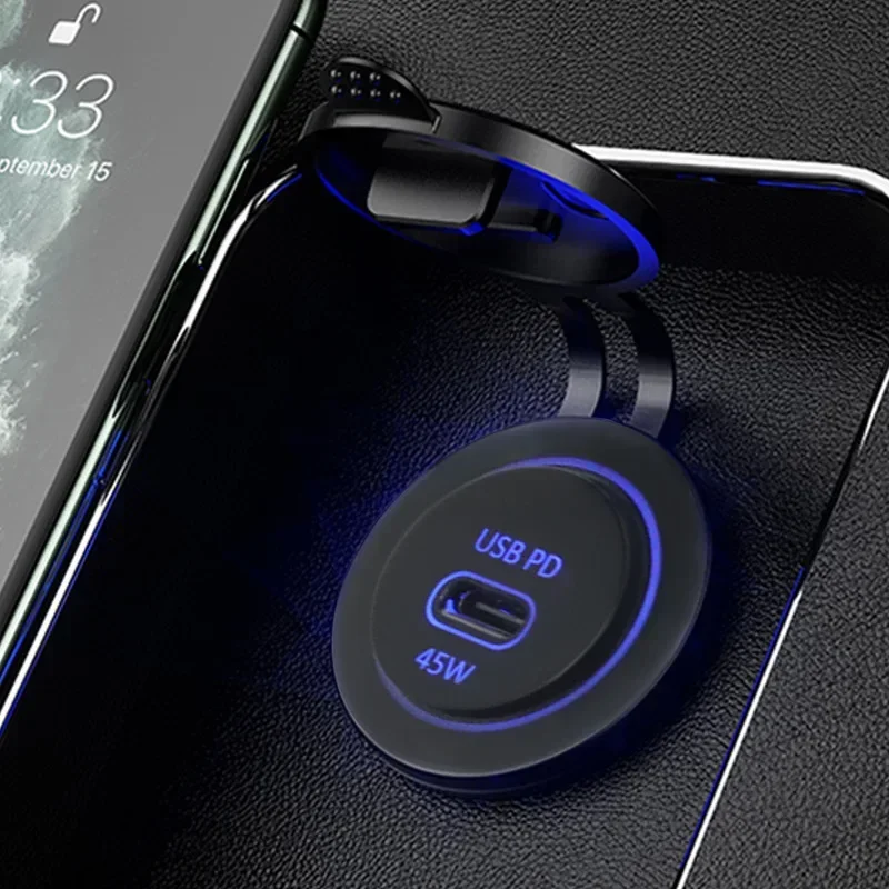 USB C مقبس شاحن سيارة 12 فولت/24 فولت منفذ USB متعدد اثنين 45 واط PD USB-C و QC3.0 منافذ مع مفتاح الطاقة محول سيارة سريع