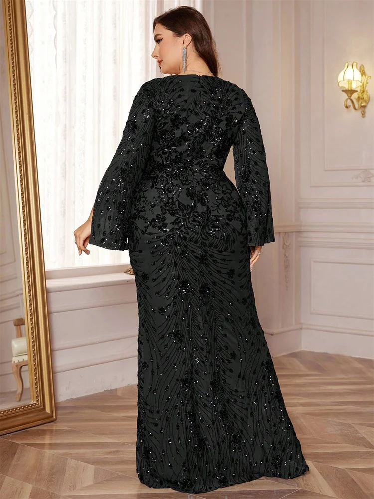 Lucyinlove Plus Größe Luxus Schwarz Abendkleider Frauen Schlitz Langarm Meerjungfrau Formale Pailletten Hochzeit Party Cocktail Kleider – Detail 37