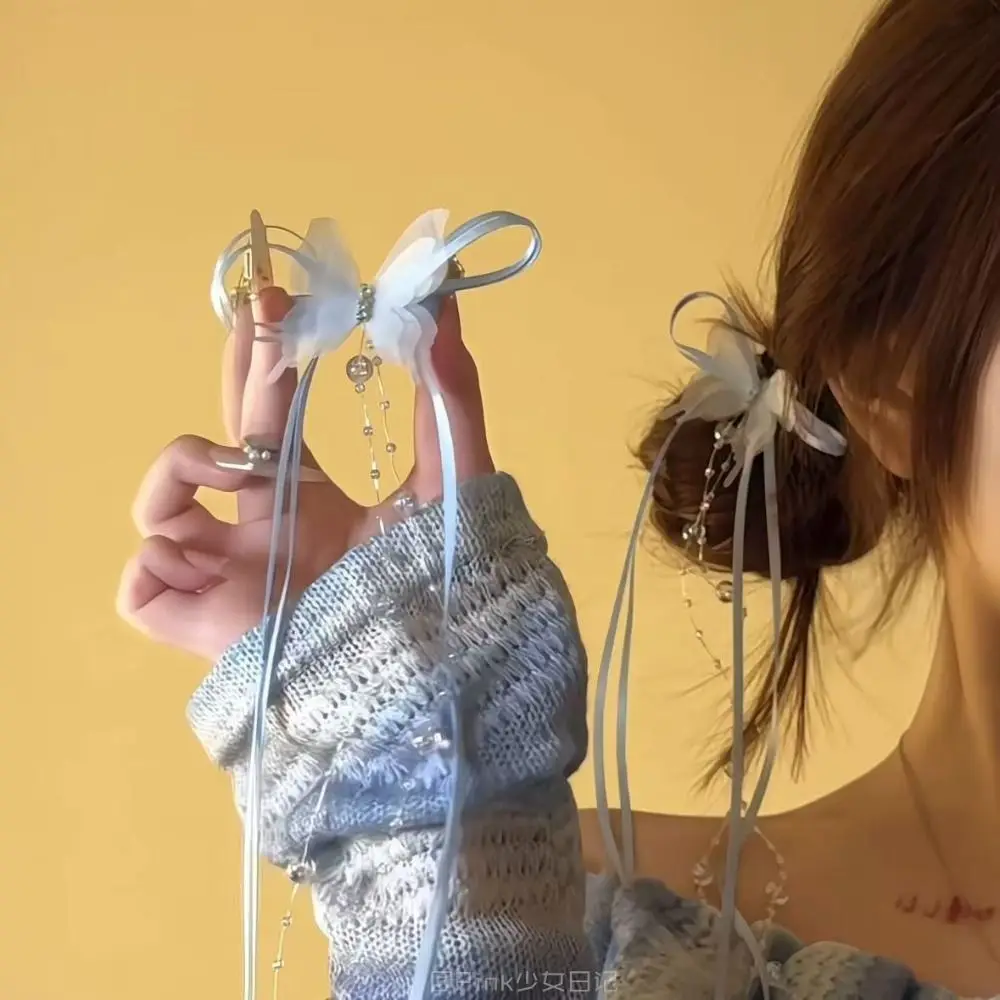 

Sweet Bowknot Ribbon Butterfly Hair Clips Glass Beaded Y2K Style Long Tassels Hairpins Rhinestone Duckbill Clip Girls