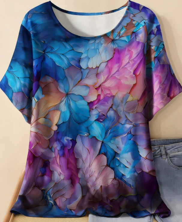 2026 Summer Fashion Rainbow Flower T-shirt Shaped Adult 3D Retro T-shirt Round Neck Children's Outdoor Vacation Beach T-shirt