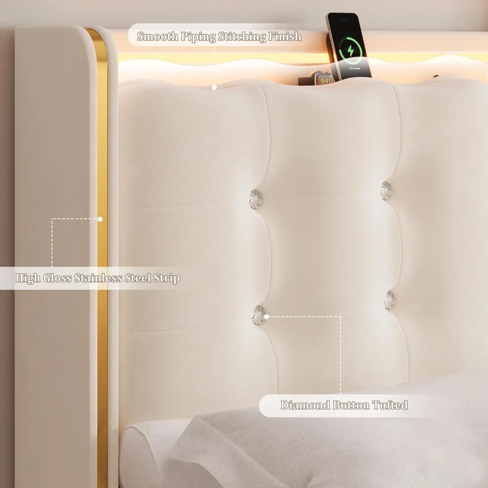 إطار سرير منجد بإضاءة LED كاملة مع قاعدة شحن وأدراج تخزين، وإطارات سرير بمنصة الأميرة المخملية