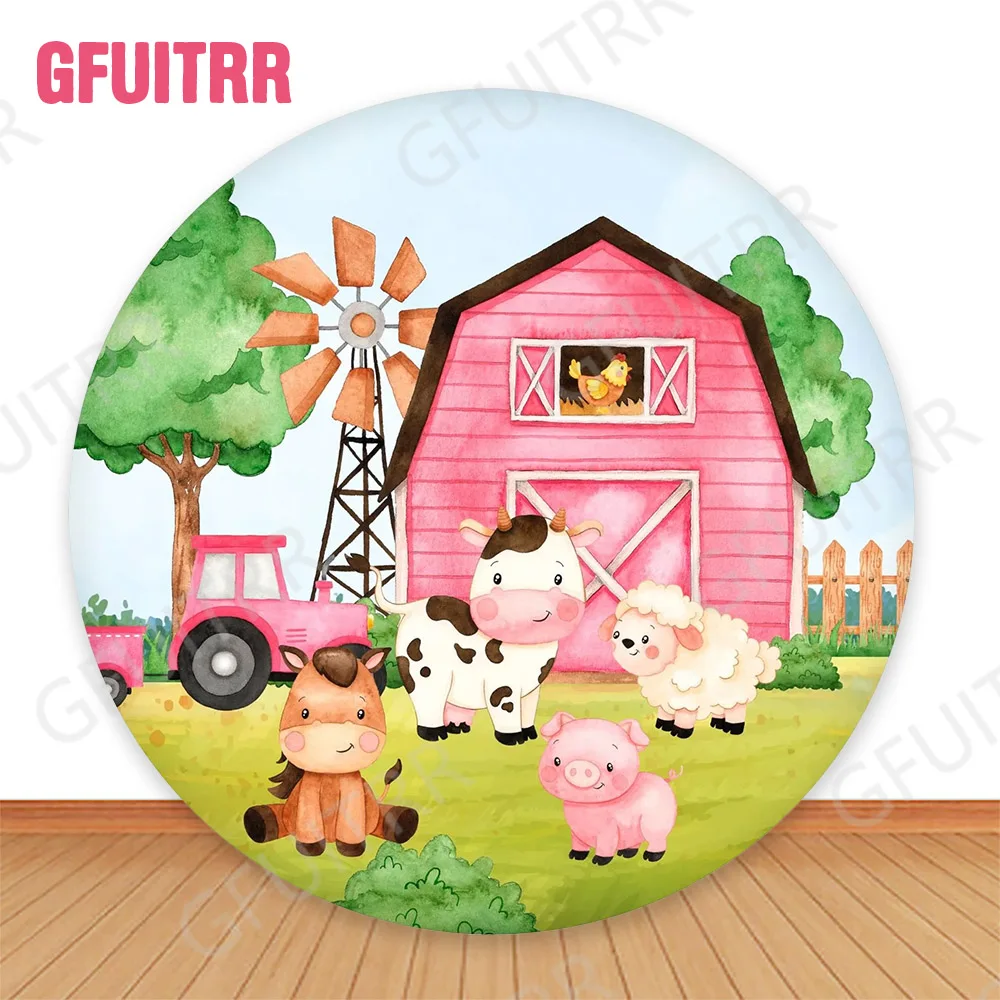 GFUITRR Farm Animals Round Backdrop Kids Birthday Party Decoration Baby Shower Circle and Cylinder Covers Photo Props