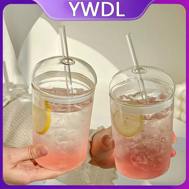 Vaso de vidrio de borosilicato de alta calidad, 500ml, con tapa y pajita, para bebidas frías y calientes, 1/2 uds.