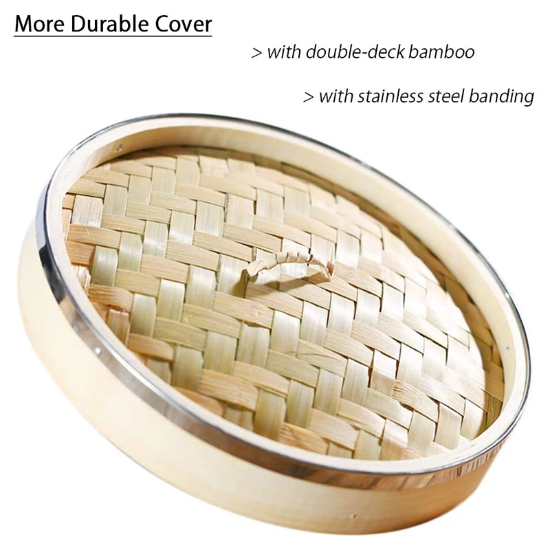 2 Tier Kitchen Bamboo Steamer With Double Stainless Steel Banding For Asian Cooking Buns Dumplings Vegetables Fish Rice