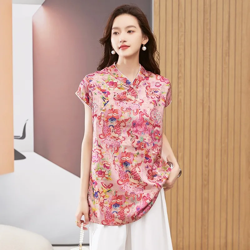 Women's Blouse Short Sleeve Round Neck Top Mandarin Collar Tunic Geometric Print Loose Fit Mid Length Gold Brown Shirt - view 2