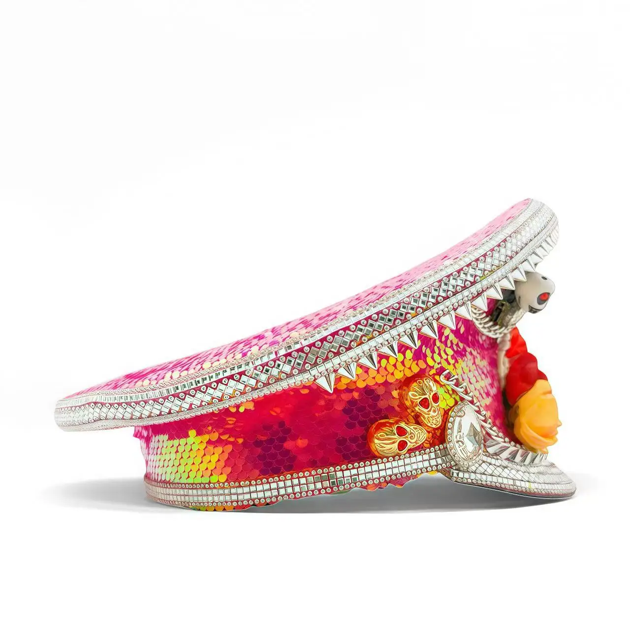 HongLuan Chapéu de capitão com laço de couro amarelo laser strass e bonés militares para mulheres, acessórios para festivais rave e boné de festa masculino