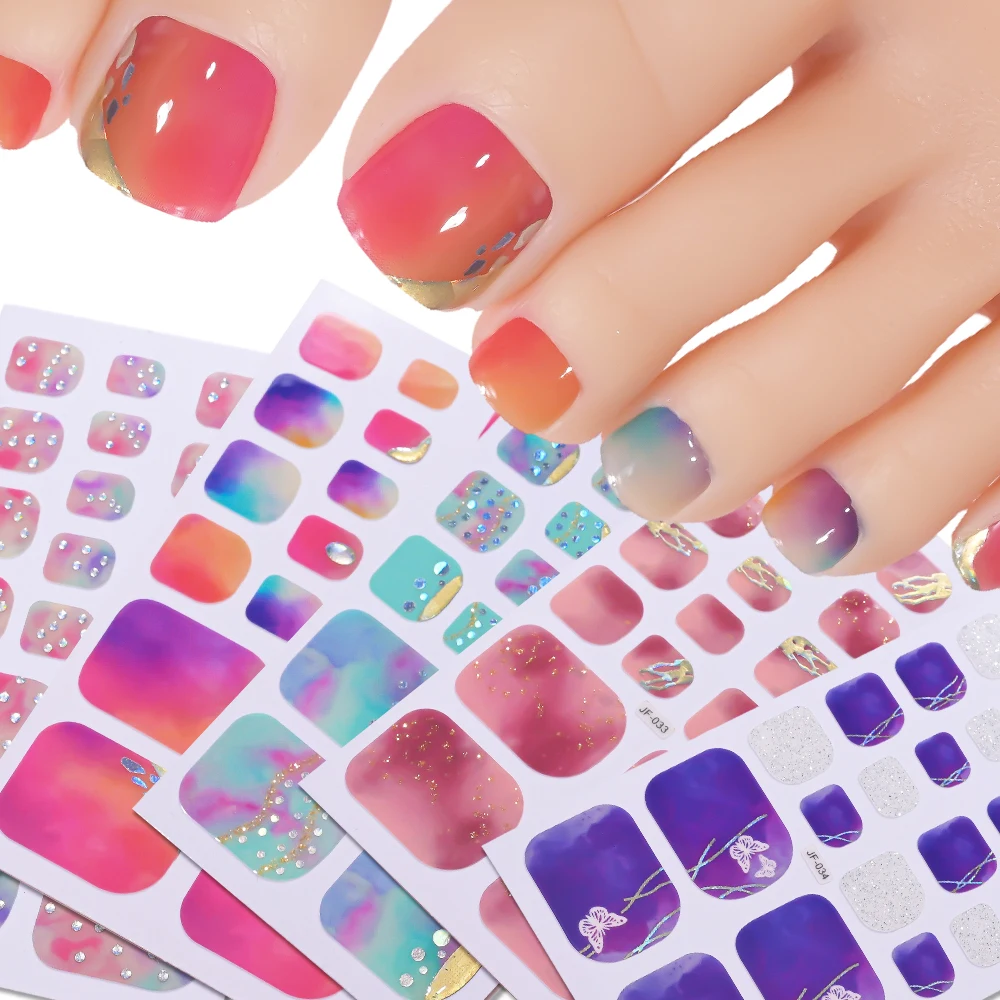 22Tips/Sheet DIY Glitter Toe Nail Stickers Full Cover Nail Polish Sticker Self Adhesive Decals Pedicure Decoration ToeNail Wraps