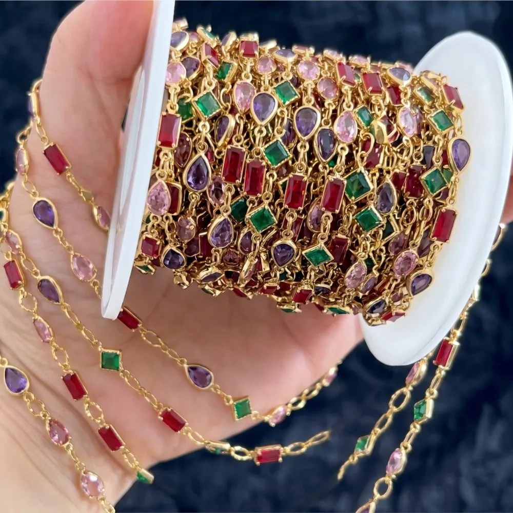Cadena de 1 metro con diamantes de imitación rectangulares de colores mezclados, cadena de latón plana chapada en oro para hacer joyas, pulseras y collares DIY