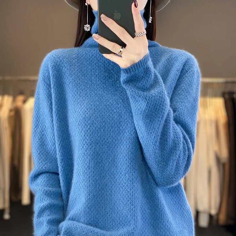 

New 100% Pure Cashmere Sweater Women's Pile Neck Hollowed Out Sweater Korean Version Of Turtleneck Knit Women's Slim Sweater