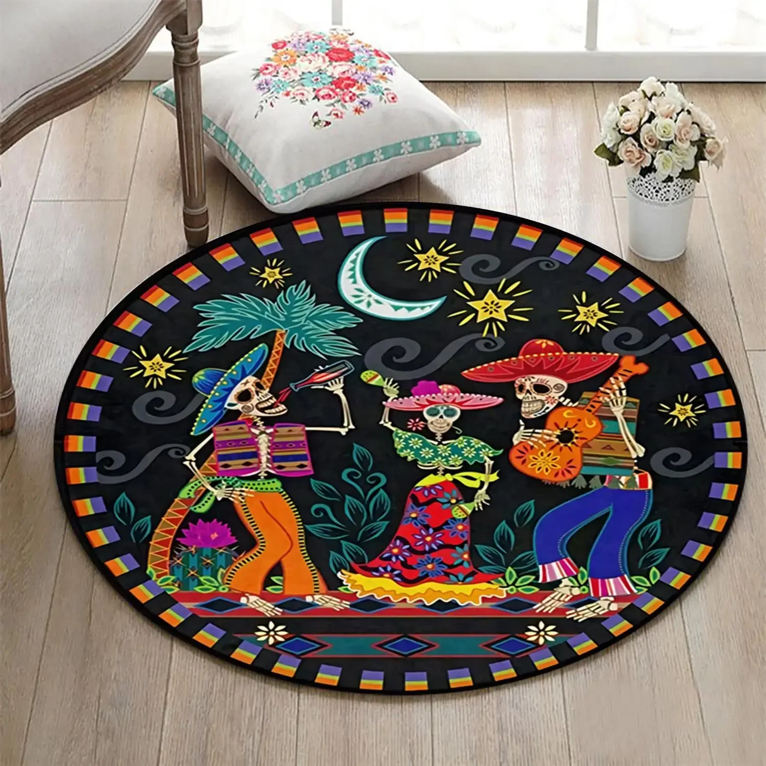 【Room Decorative Carpet】Day of the Dead Round Carpet, Colorful Skull Festival Carpet, Mexican Folk Art Rug, Washable Non-Slip Ca