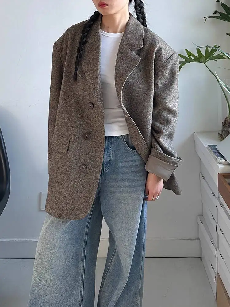 HUISONG 30% الصوف خمر المال القديم نمط مبطن الكتف المعتاد السترة المرأة الجديدة فضفاضة رداء غير رسمية الكورية الخريف الشتاء jigggl