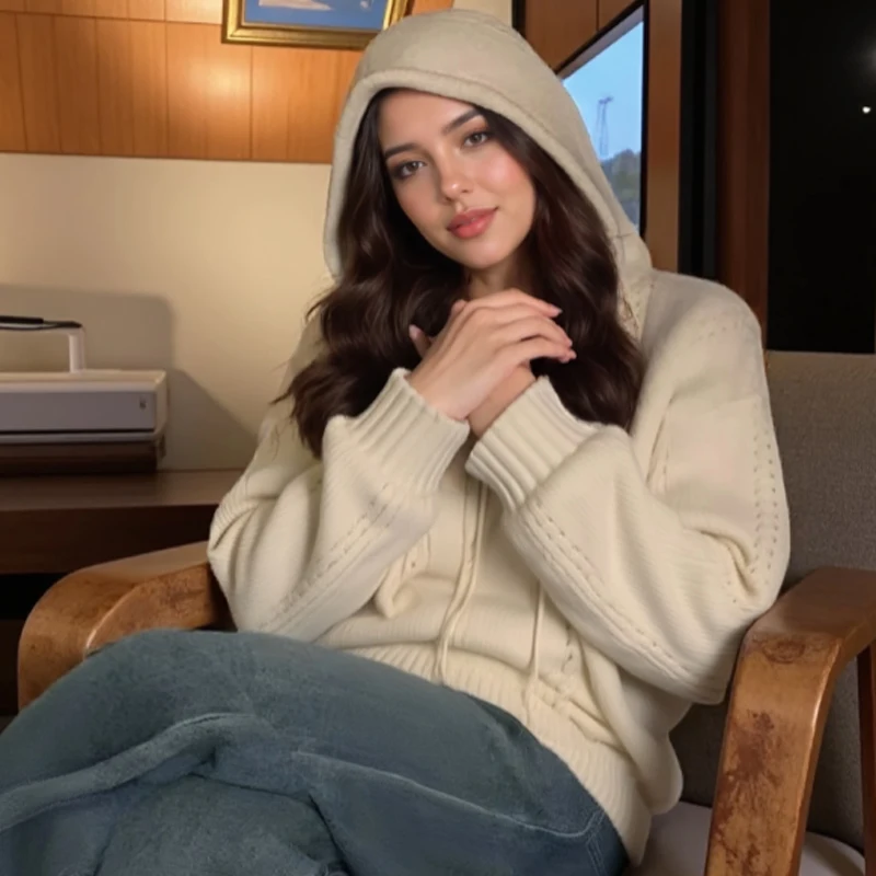 

Korean Autumn/winter Loose Hooded Sweater Women's Casual Long Sleeved Knitted Hooded Sweater Sweet Solid Color Women Knitwear