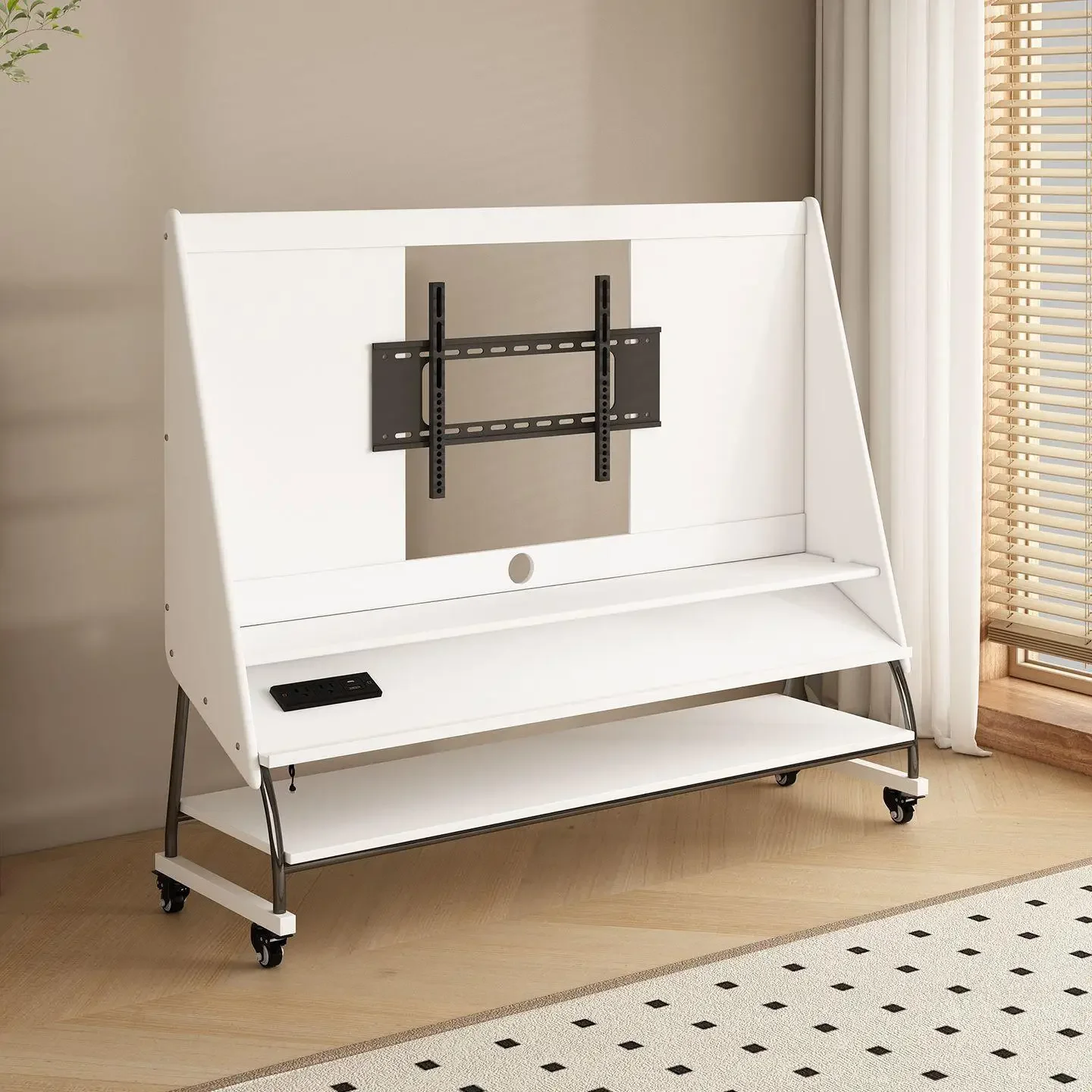 Solid wood removable TV cabinet, antique floor storage TV cabinet, small apartment living room with wheel TV bracket
