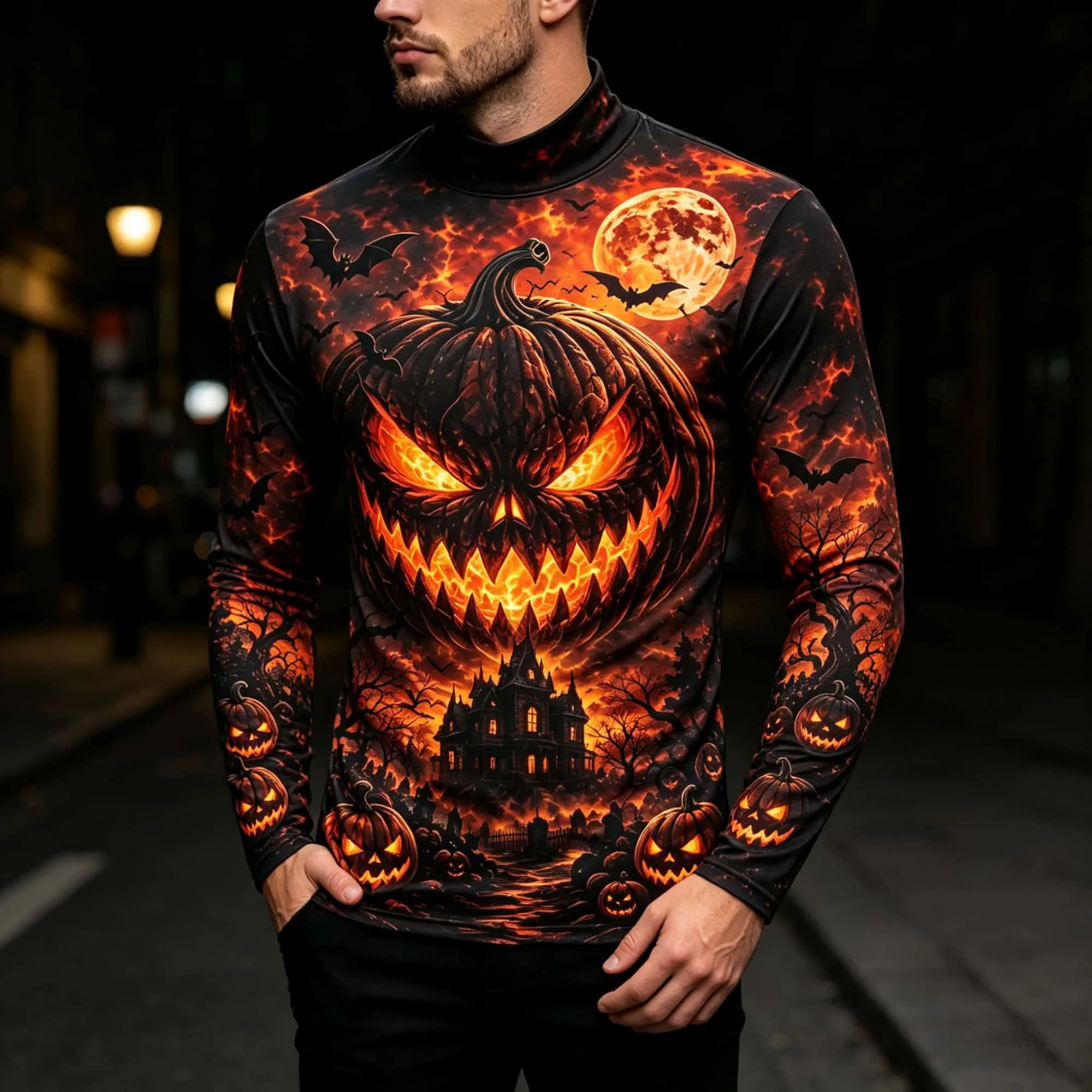 Party Street Fashion Top Men Mock Neck Long Sleeve Halloween T‑Shirt Jack‑O‑Lantern Pumpkin Bat Print Horror Cosplay Outfit