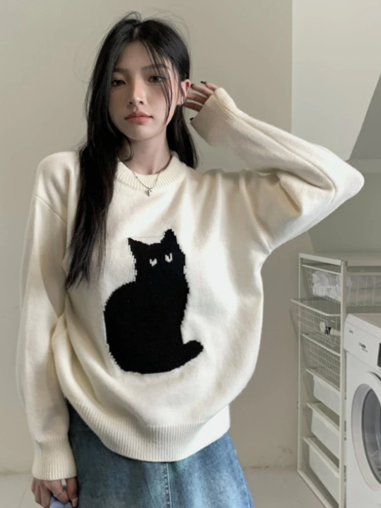 Sweet Cartoon Cat Knit Jumper Women Warm Sweater Women Japanese Loose Vintage Knit Fashion Top Kawaii Girls ins Winter 2022 New