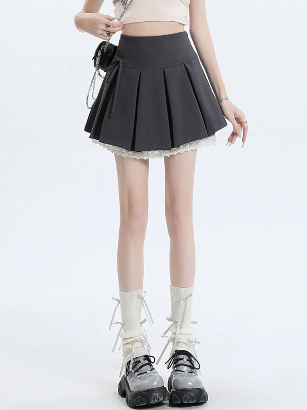 

Пышная короткая юбка с завышенной талией в корейском стиле для девочек-подростков, с кружевной отделкой, летняя, для школьной формы