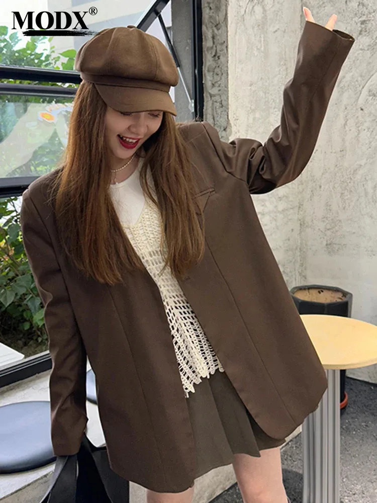 

[MODX] Coffee Big Size Brief Casual Blazer Women New Lapel Long Sleeve Loose Fit Jacket Fashion Tide Spring Autumn 2024