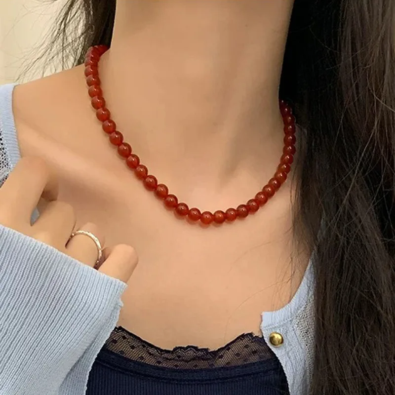 Natural Red Agate Necklace Women Healing Gemstone Fine Jewelry Genuine High Ice Grade A Red Agate Round Bead Necklace Chain