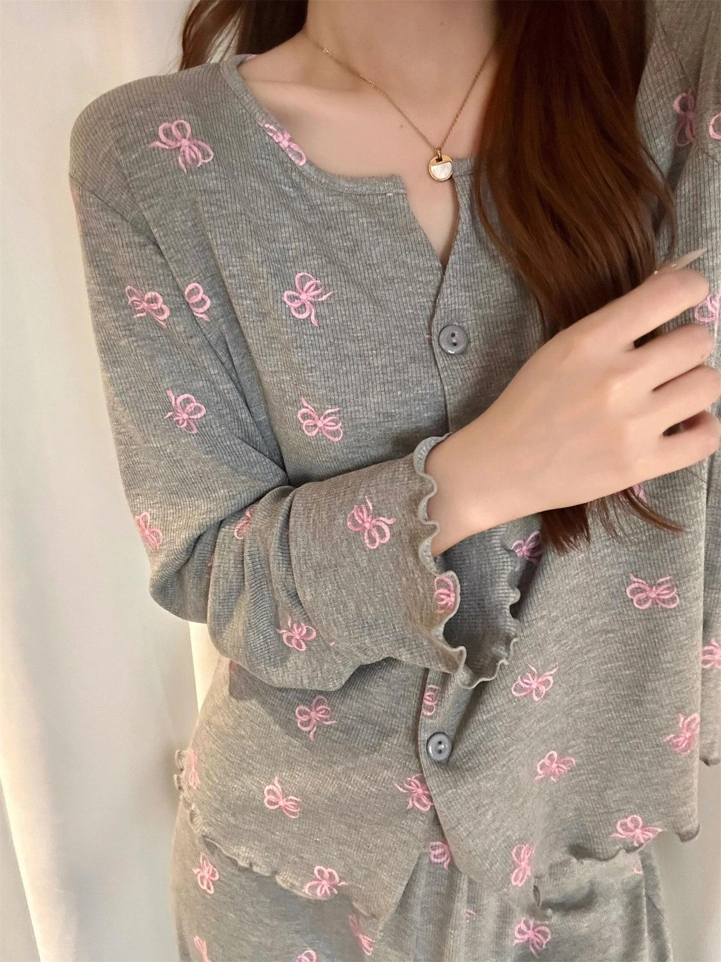 Women Bow Print Pajama Set Long Sleeve Button Top & Pants 2Pcs Autumn Soft Loungewear Soft Comfortable Sleepwear Home Clothes - view 3