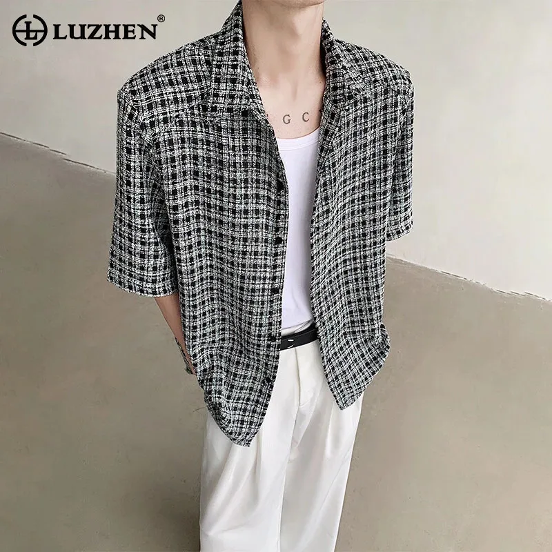 

LUZHEN 2025 Summer New Checked Printed Shoulder Pad Short Sleeve Shirts Men's Stylish Elegant Korean Handsome Casual Tops JY1232