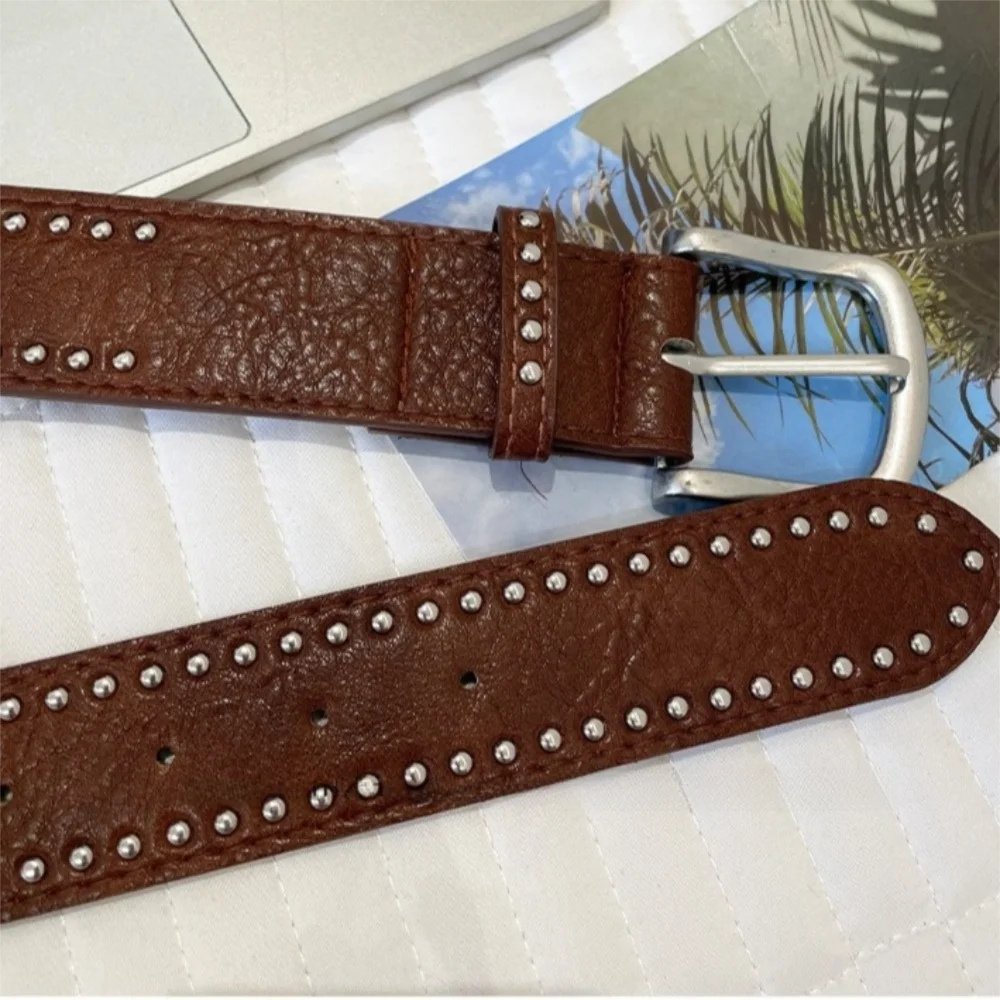 High Quality Casual Rivet Belt Metal Pin Buckle Retro PU Leather Belt Waist Belt Women