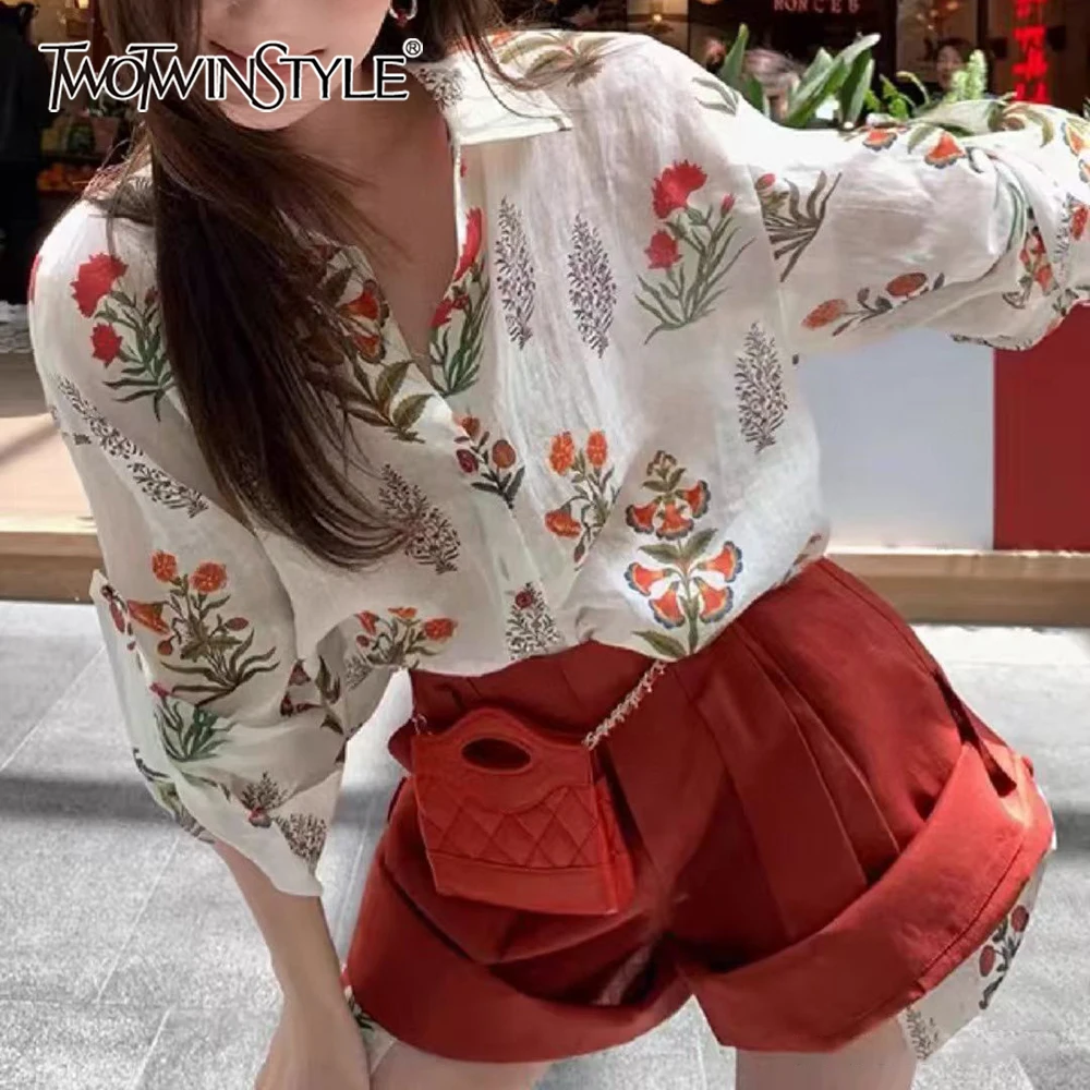 

TWOTWINSTYLE Hit Color Two Piece Set for Women Lapel Long Sleeve Blouse High Waist Shorts Sets Female