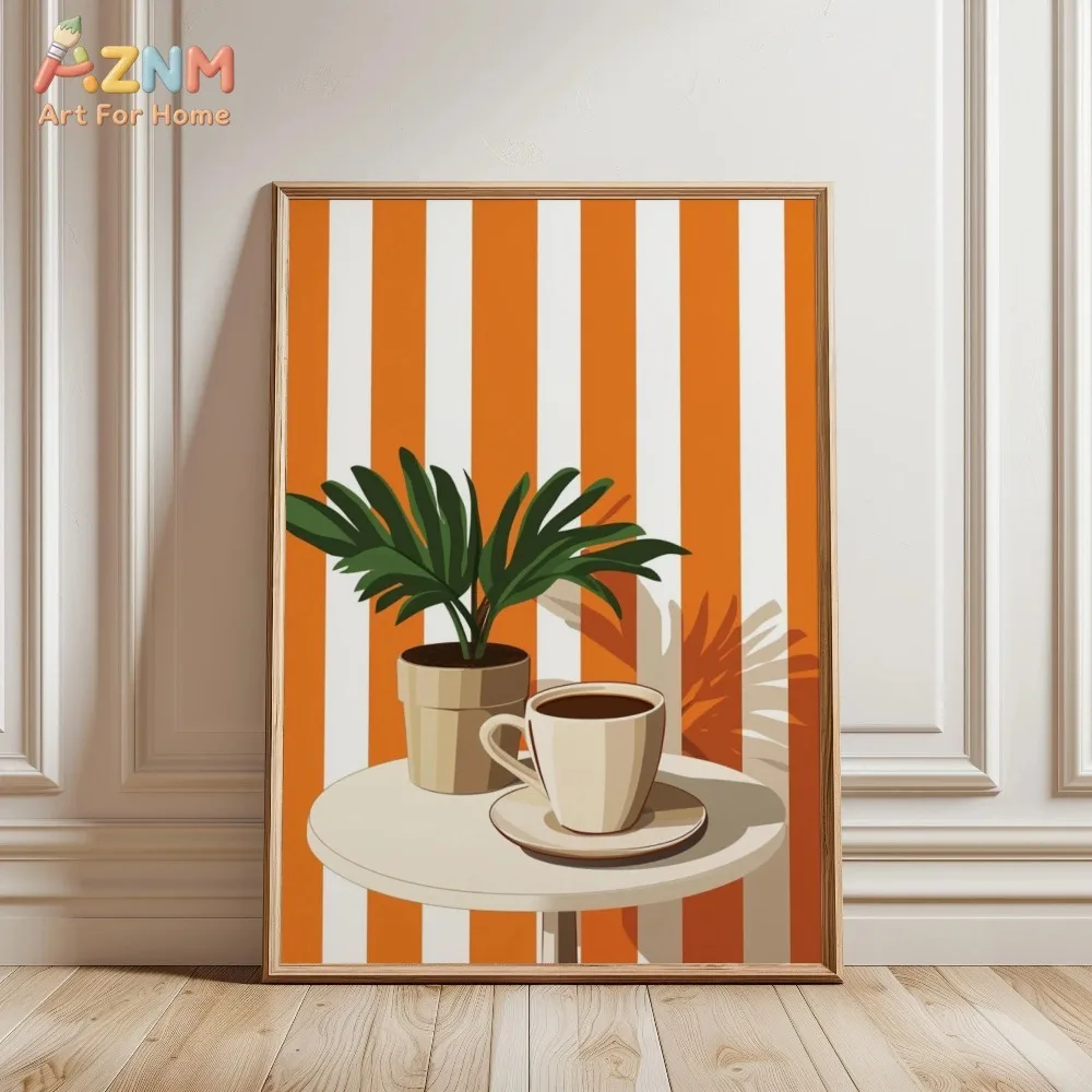 AZNM - Póster decorativo para pared, sin marco, con ilustración de café expreso retro, croissant y plantas, para decoración del hogar o cafetería