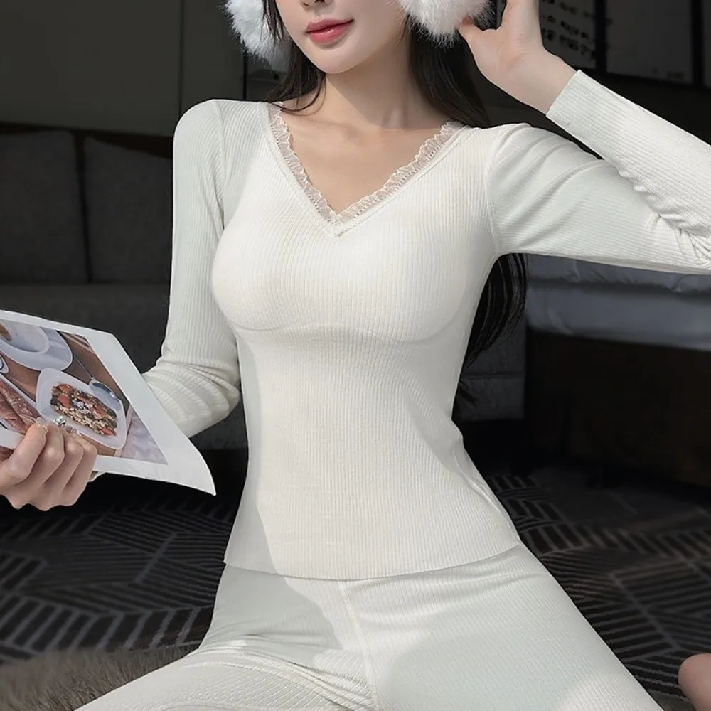 مع وسادة الصدر النساء الملابس الداخلية الحرارية الدانتيل تشكيل الجسم الدافئة بلوزات طويلة السراويل مجموعة بلون لينة ملابس داخلية للتنحيل