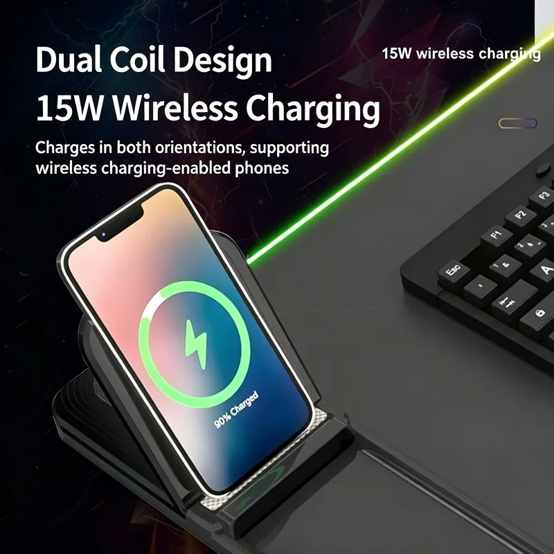 15W Fast Charging Keyboard Wireless Charging Mouse Pad Multi-functional Folding Mouse Pad for Both Horizontal and Vertical Use