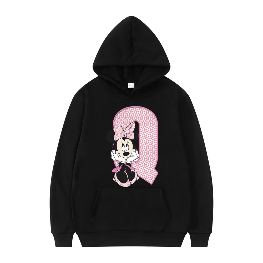 Black Cartoon Hoodies Disney Letter A B C D Sweatshirts Girls Clothes Kawaii Pullover Anime Cartoons Woman and Men Casual Tops