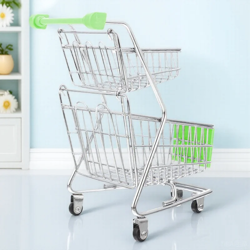 

Mini Small Shopping Cart Double Layer Supermarket Cart Durable Alloy ABS Material Gift for All Small Shopping Trolley