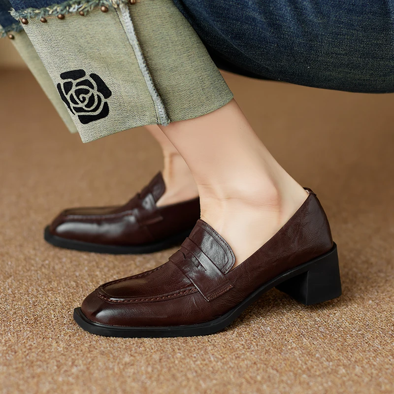 

Women Pumps Sheepskin Retro Thick Heeled Basic Shoes On Heel British Style Loafers Spring Atumn Slip On Dress Work Pumps