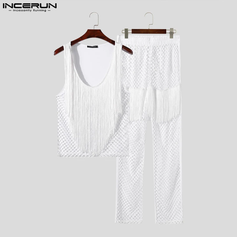 INCERUN Men Sets Mesh Tassel Patchwork Hollow Out Transparent Sleeveless Tank Tops & Pants 2PCS Streetwear 2024 Men Suits S-5XL