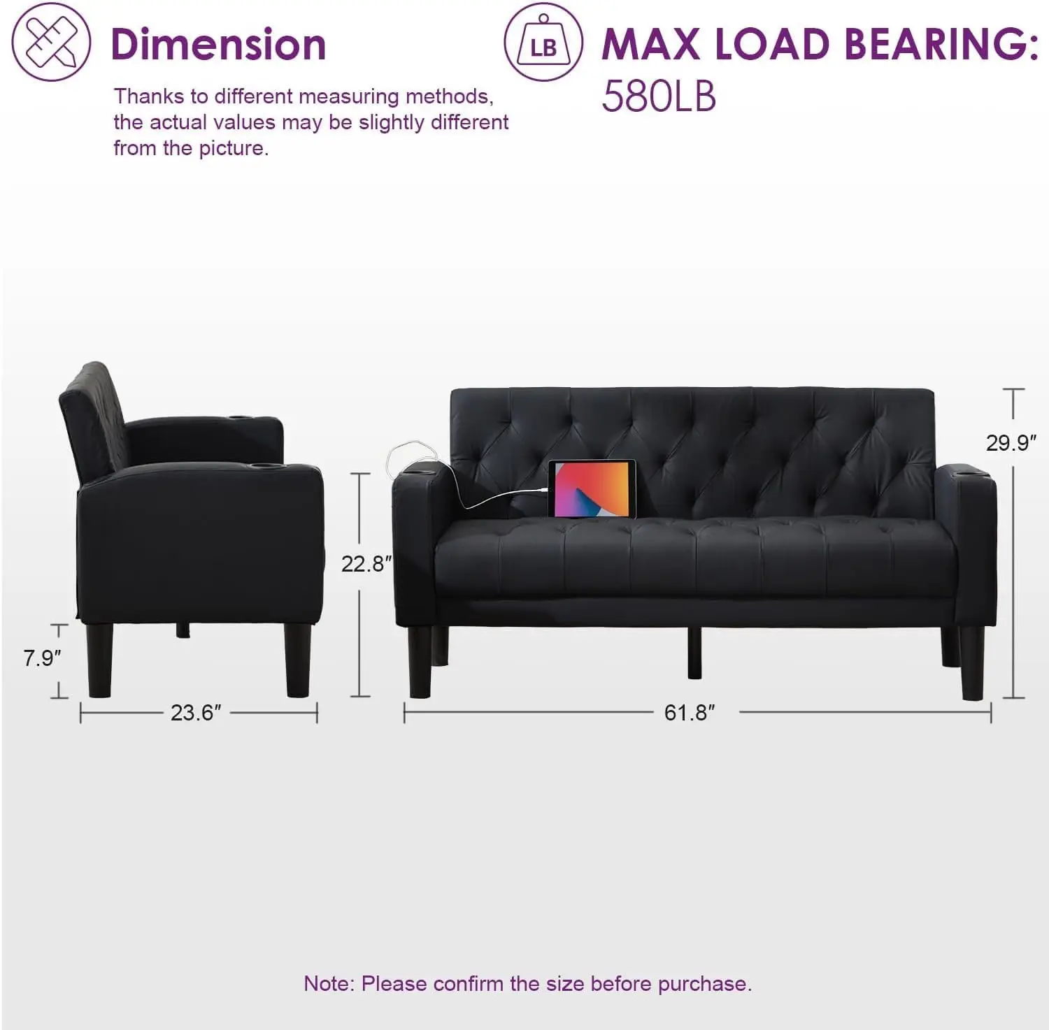 Black Leather Loveseat Sofa Set with Chair, 62'' Couch for Living Room