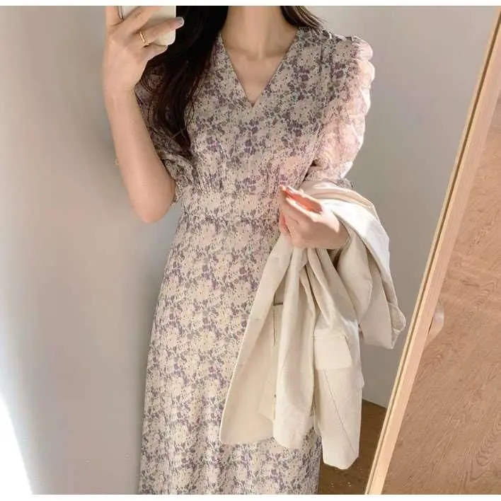 

Summer New French Sle Ele Long Dr Polyester Fiber Bubble Sve V-ne A-line Skirt Basic Sle CIWALK Dr