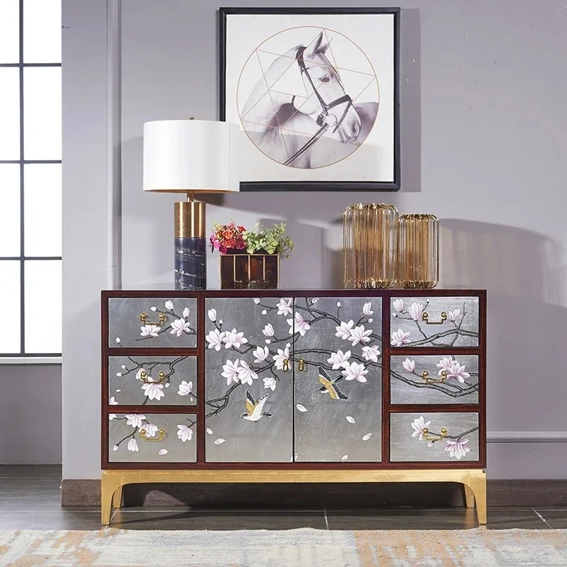 New Chinese painted magnolia flower and bird entrance foyer solid wood locker  FT