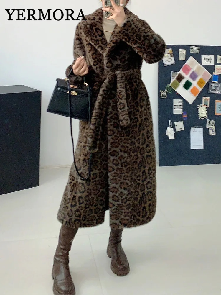 YERMORA Stampa Leopardo Con Cintura Casual Pelliccia Finta Per Le Donne di Inverno di Spessore Caldo Cappotto Risvolto Manica Lunga Moda Marea 2024 Nuovo