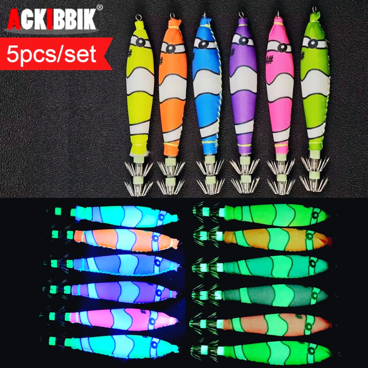 UV Horizontal Squid Jig, Egi Set 5pcs 10.5cm Glow in Dark Soft Squid Lure Luminous Cuttlefish Bait Saltwater Fishing Tackle Set
