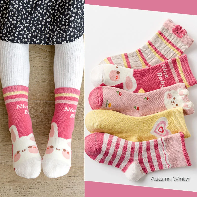 5 Pairs Children Spring Socks Kids Cartoon Socks Baby Infant Girls Pink Cotton Socks