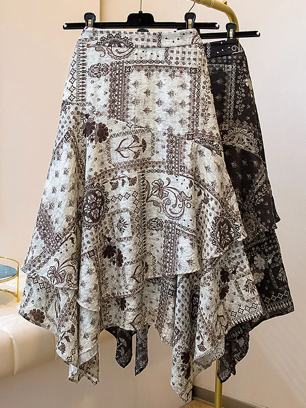 

Vintage Floral Print Midi Skirt A-Line plus Size Women's Versatile High Waist Asymmetrical Slimming Skirt Ethnic Style