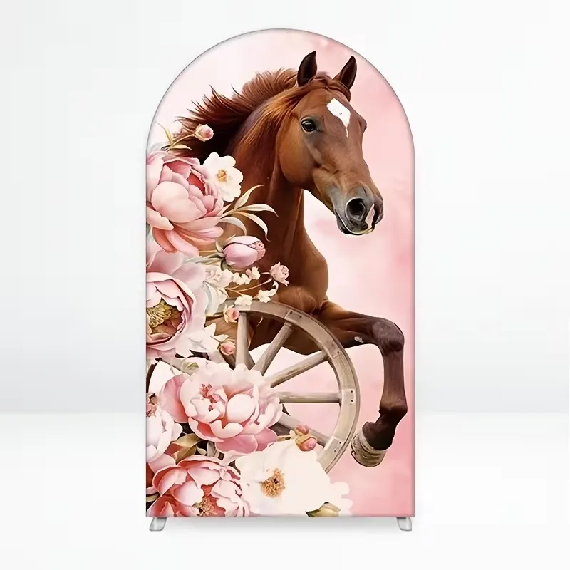 Mehofond Custom 2-Sided Pink Floral Western Cowgirl Horse First Rodeo Kids Birthday Party Baby Shower Cover Arch Decor Backdrop