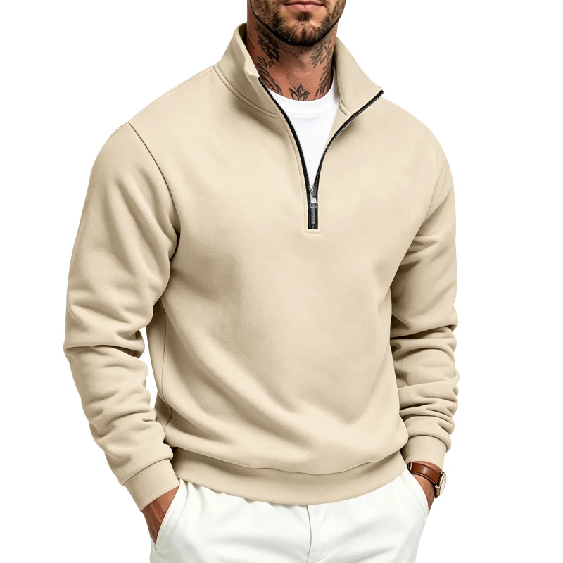 Herren-Sweatshirt mit Fleecefutter für Herbst und Winter, Stehkragen, halber Reißverschluss, langärmelig, einfarbig, warme Freizeitjacke – Detail 6