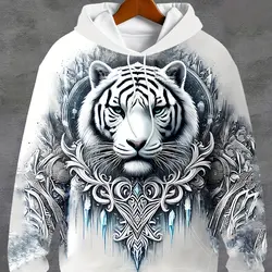 Men's Hoodie  Loose Hooded Sweatshirt Fashion Tiger 3D Printing Pattern Tops 2024 New Autumn Man Hoodie Y2k Sweatshirts for Men