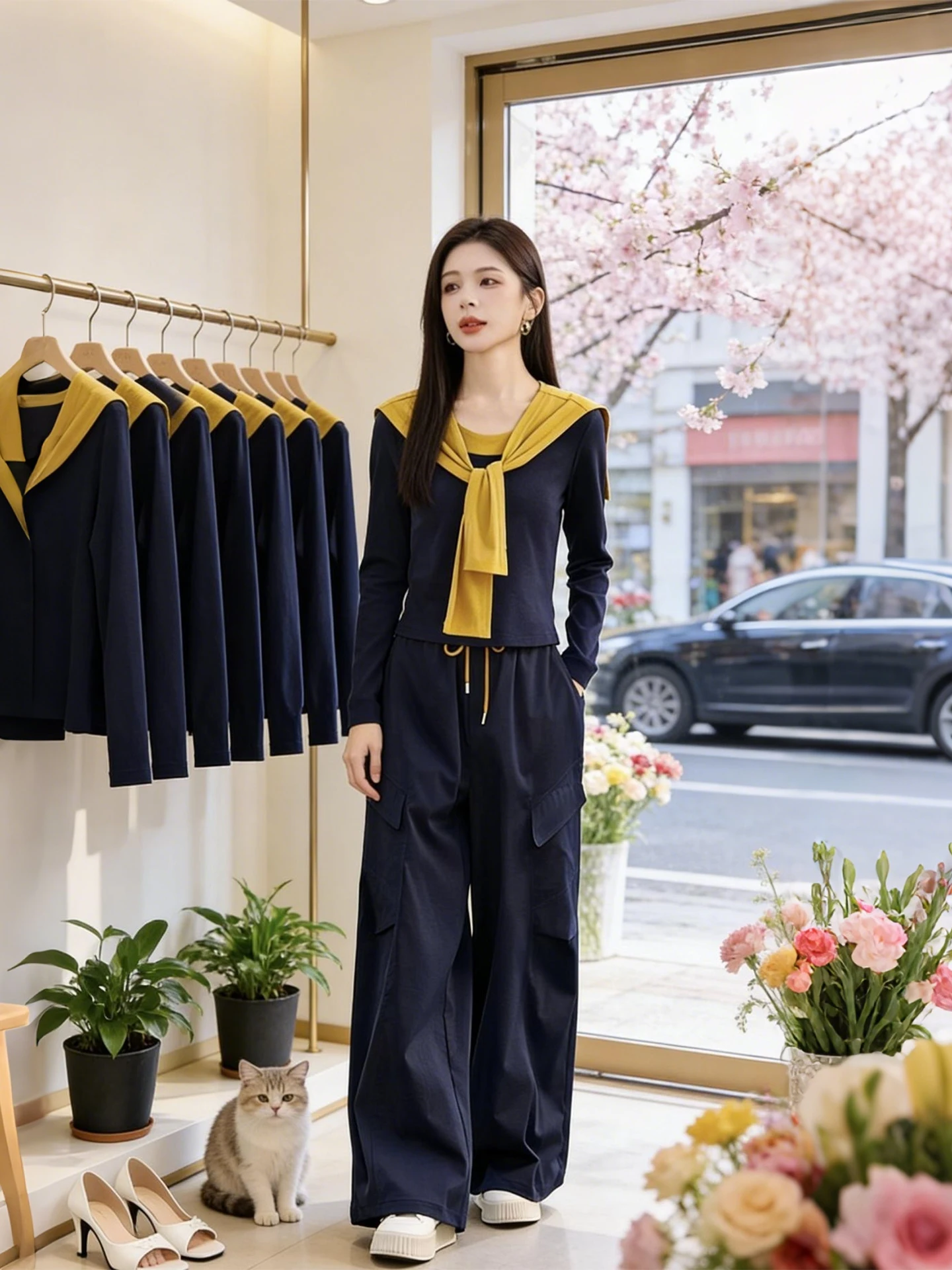 

Spring Autumn 2026 Women's Commuter Color Block Belted Shoulder Top Wide Leg Pants Two Piece Set Korean Style Fashion