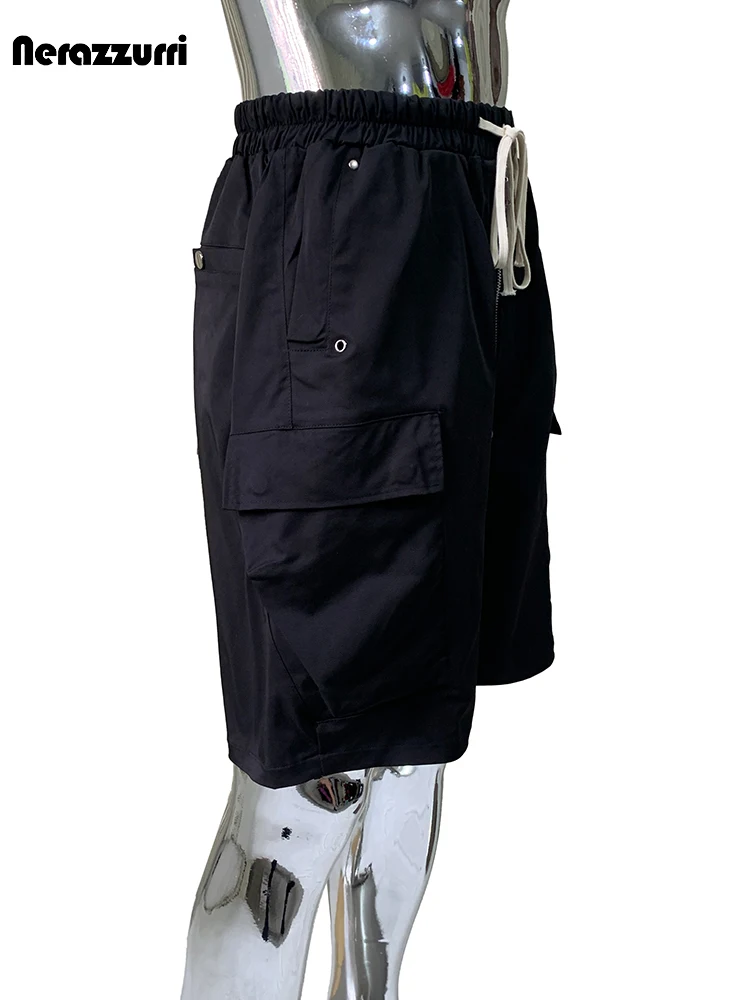 Nerazzurri Summer Autumn Black Cargo Shorts for Men with Elastic Waist Drawstring Loose Casual Knee Length Menswear Clothing