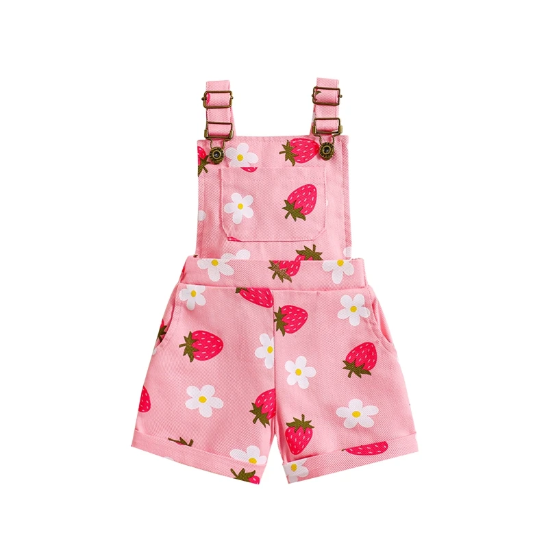 Little Girl Denim Overalls Flower Strawberry Print Jeans Overalls Strap Suspender Shorts Outfit